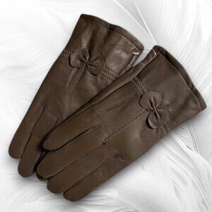 Women’s Dark Brown Genuine Leather Gloves with Bow Detail